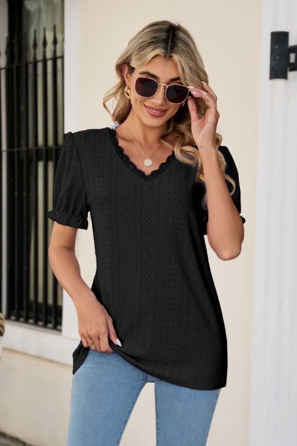 Eyelet Flounce Sleeve Scalloped V-Neck Top