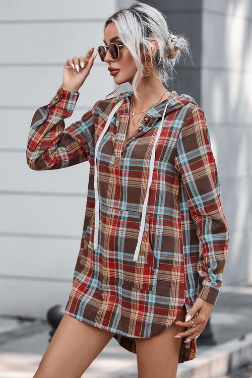 Plaid Drawstring Long Sleeve Hooded Dress with Pocket