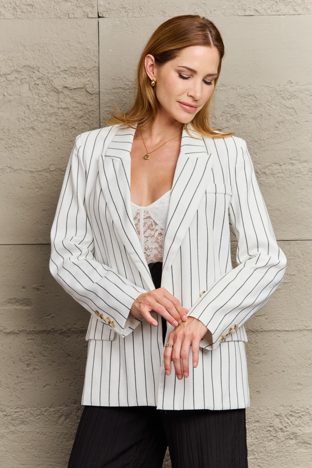 Striped Lapel Collar Long Sleeve Blazer