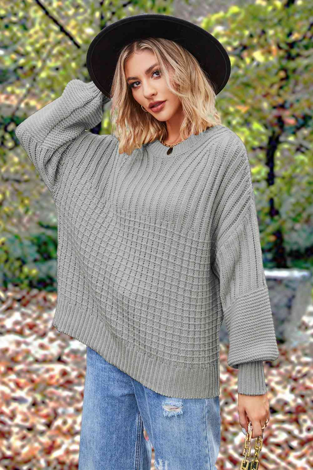 Round Neck Lantern Sleeve Sweater