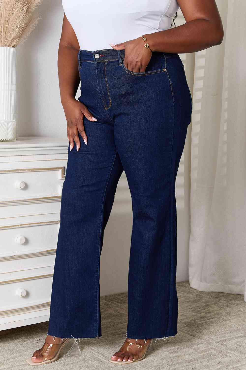 Judy Blue Full Size Raw Hem Straight Leg Jeans with Pockets The Teresa