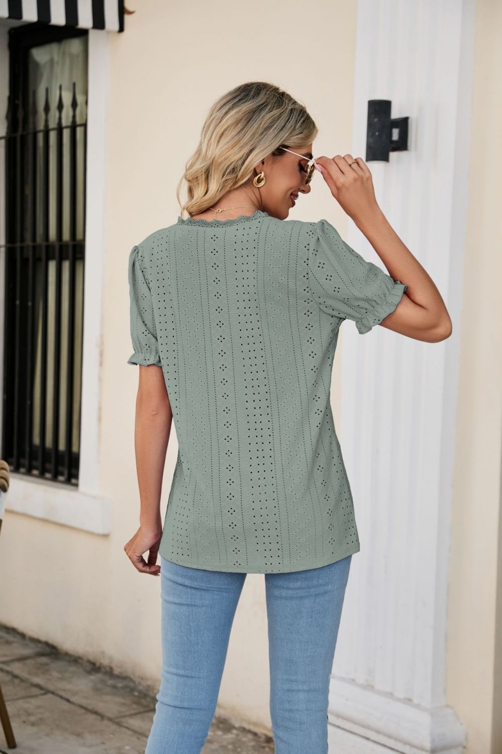 Eyelet Flounce Sleeve Scalloped V-Neck Top