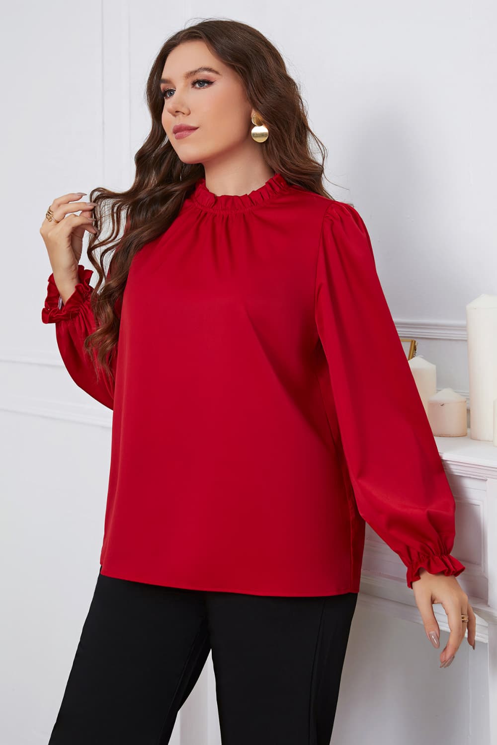 Plus Size Frill Trim Flounce Sleeve Round Neck Blouse