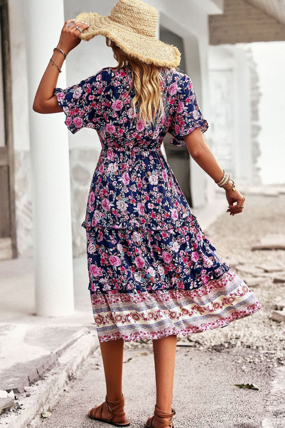 Drawstring V-Neck Short Sleeve Midi Dress