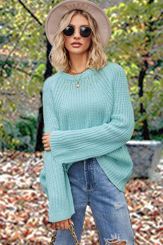 Openwork Round Neck Long Sleeve Sweater