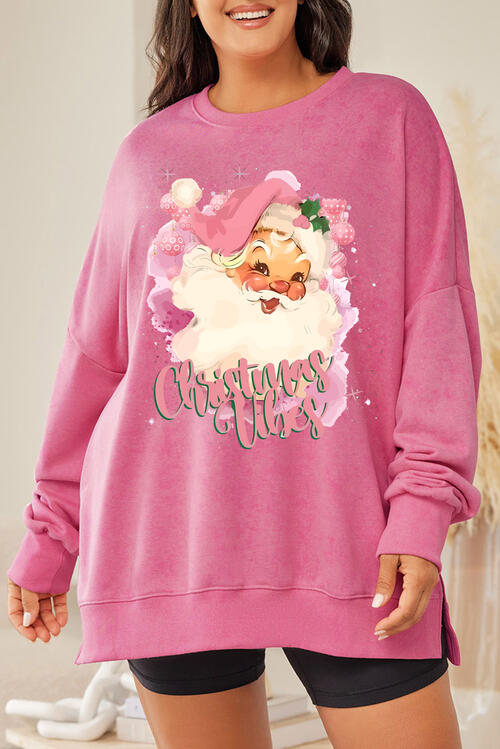 Plus Size Santa Graphic Round Neck Long Sleeve Slit Sweatshirt