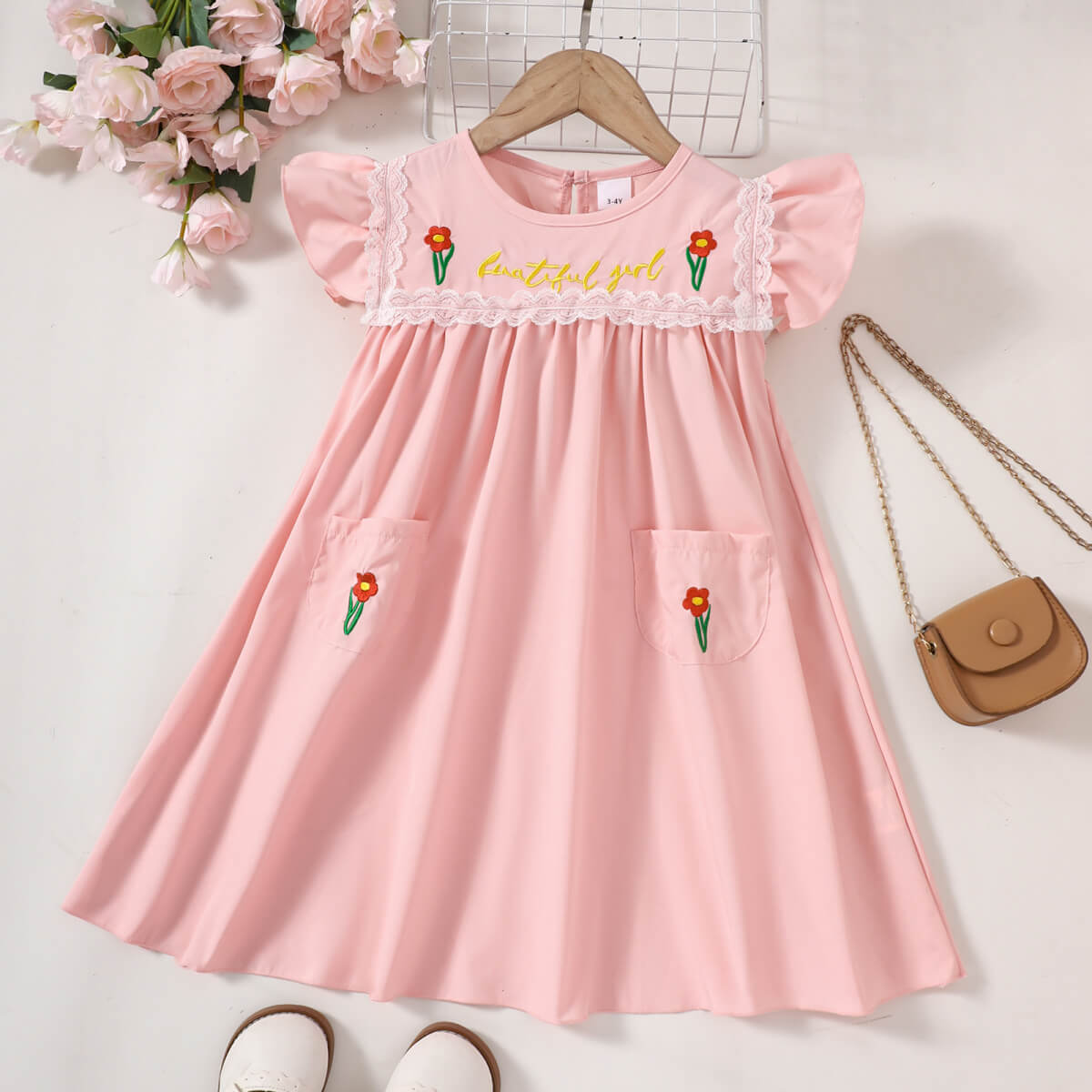 Girls Embroidered Lace Trim Round Neck Dress