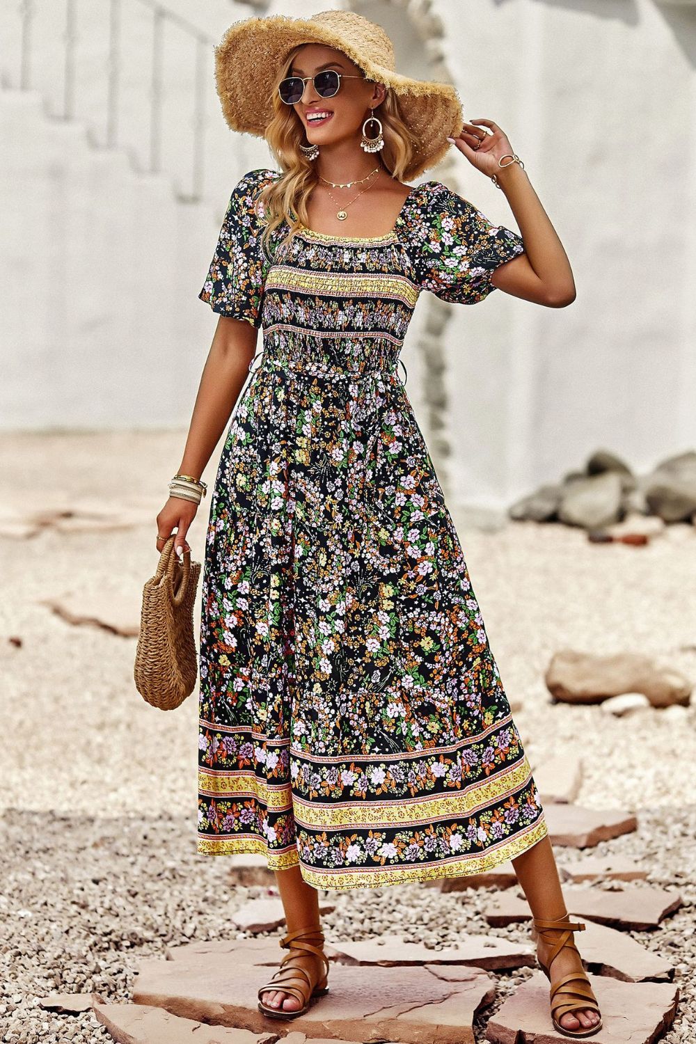 Bohemian Square Neck Short Sleeve Midi Dress