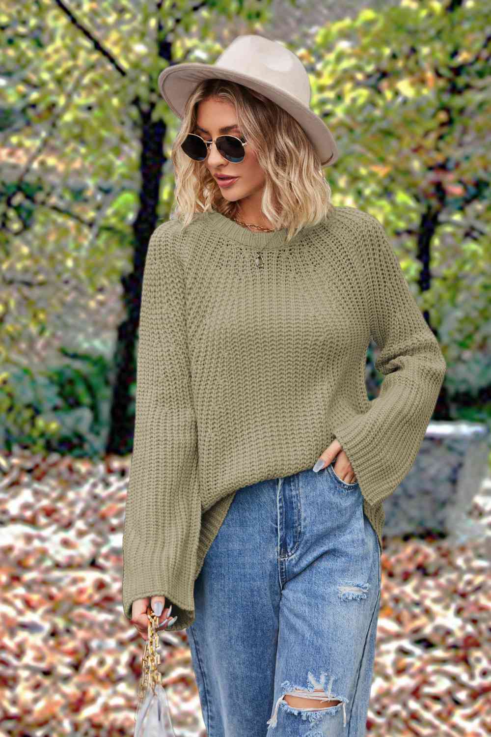 Openwork Round Neck Long Sleeve Sweater