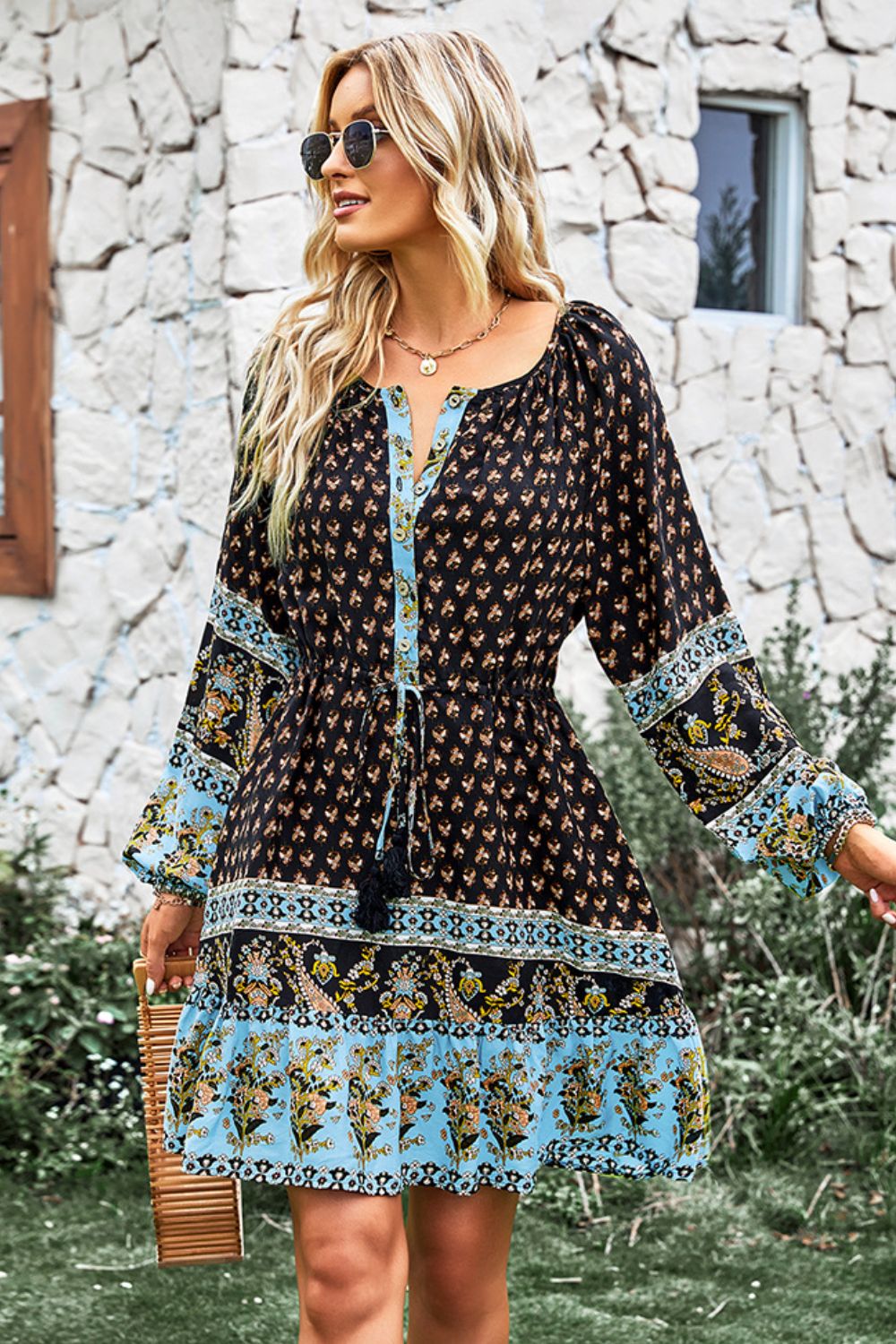 Bohemian Drawstring Waist Balloon Sleeve Dress