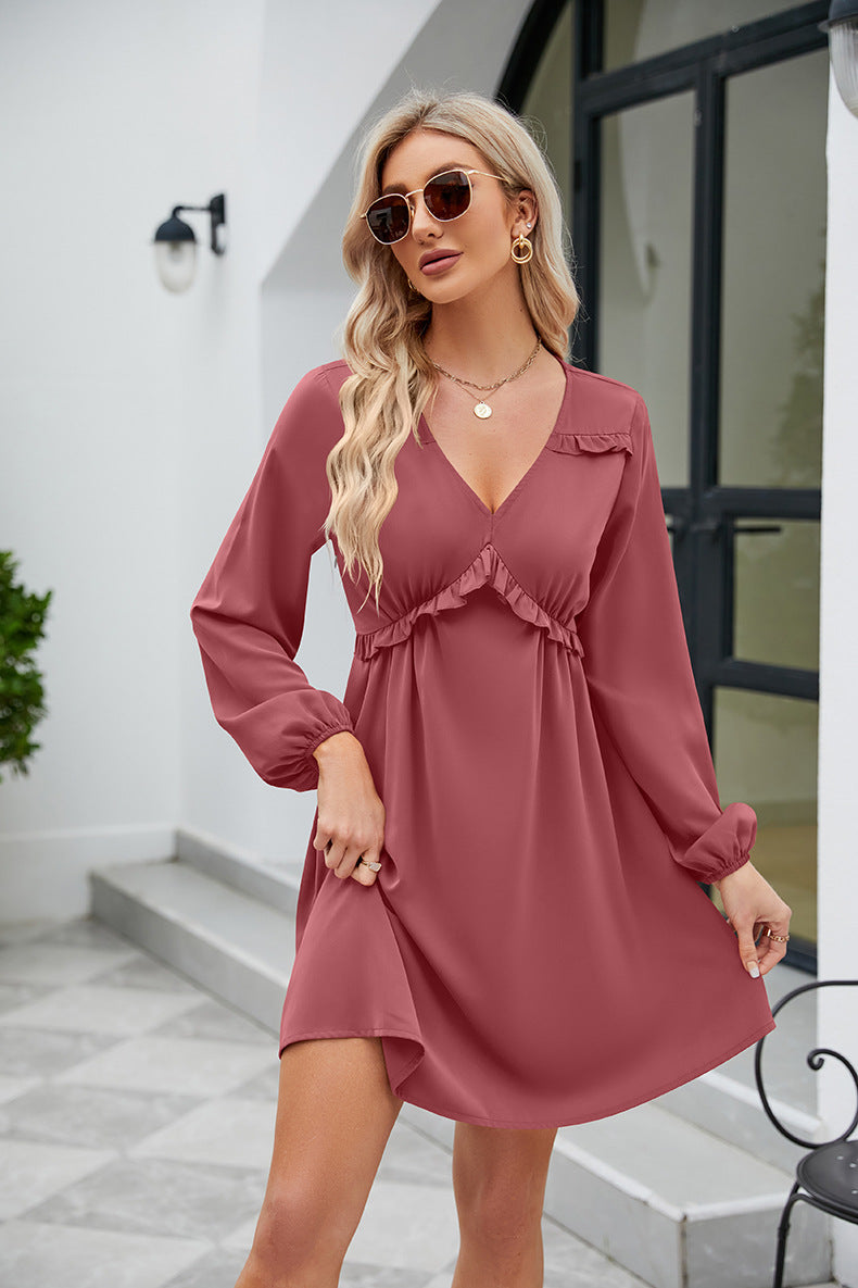 Frill Trim V-Neck Long Sleeve Dress