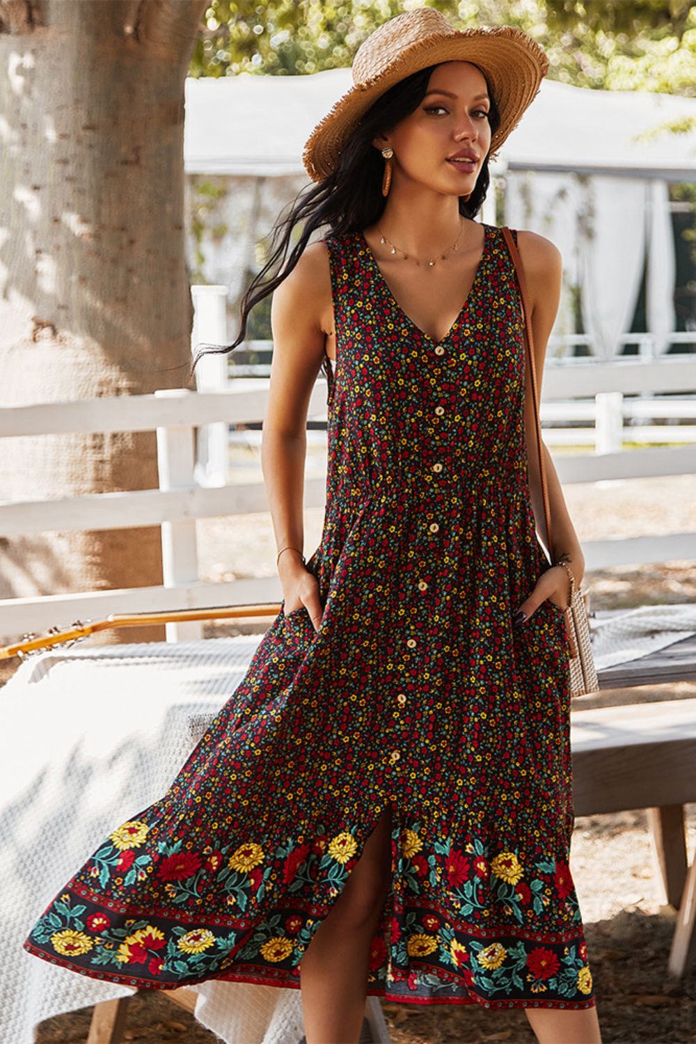 Floral Print Bohemian Style V-neck Sleeveless Midi Dress