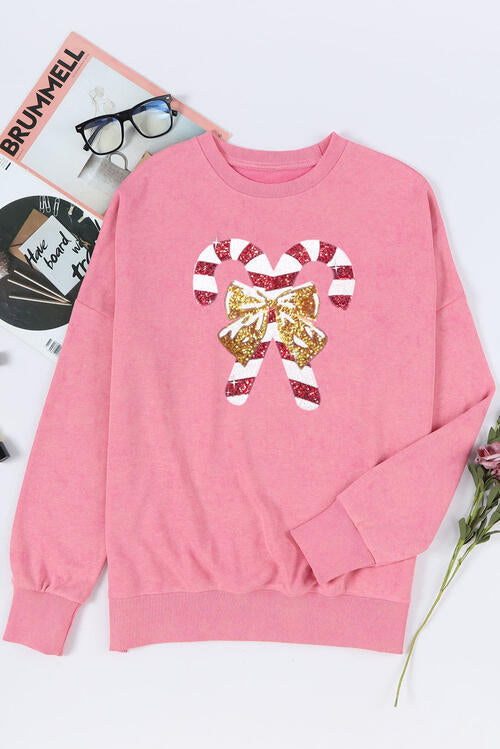 Sequin Candy Cane Round Neck Slit Sweatshirt