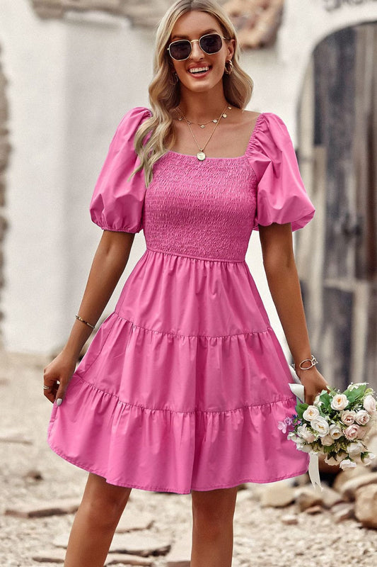 Balloon Sleeve Square Neck Smocked Midi Dress