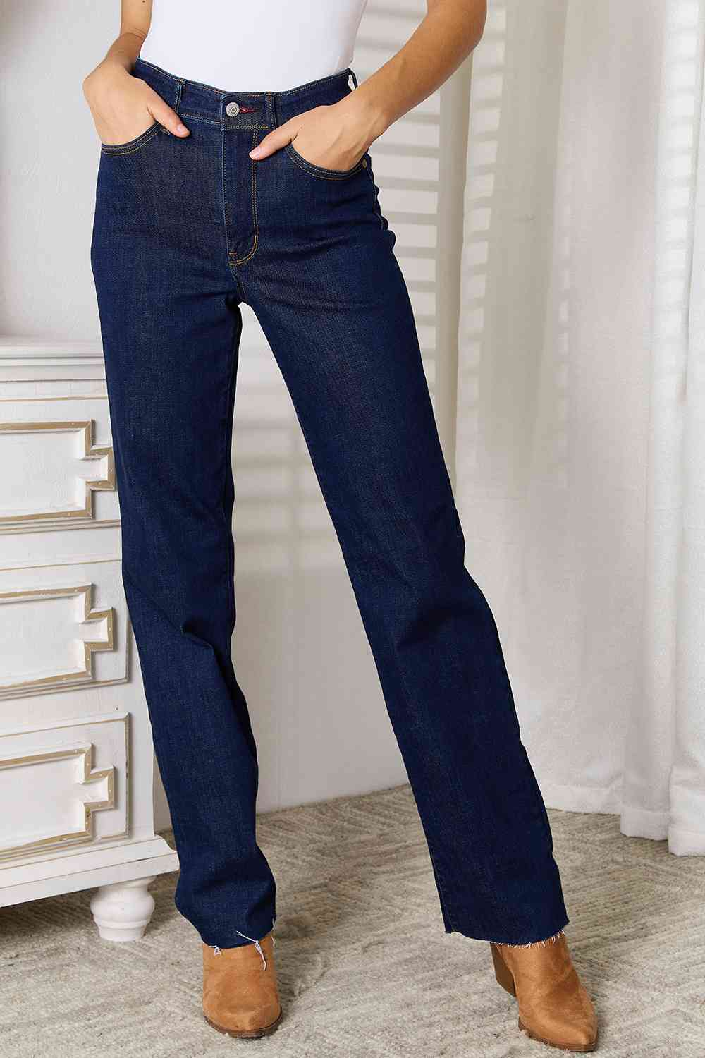 Judy Blue Full Size Raw Hem Straight Leg Jeans with Pockets The Teresa