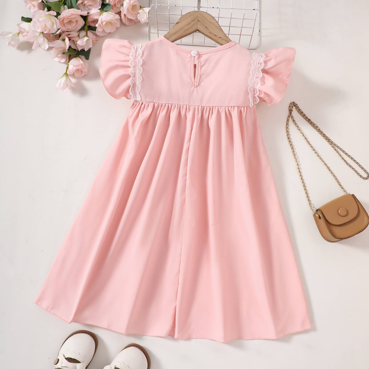 Girls Embroidered Lace Trim Round Neck Dress