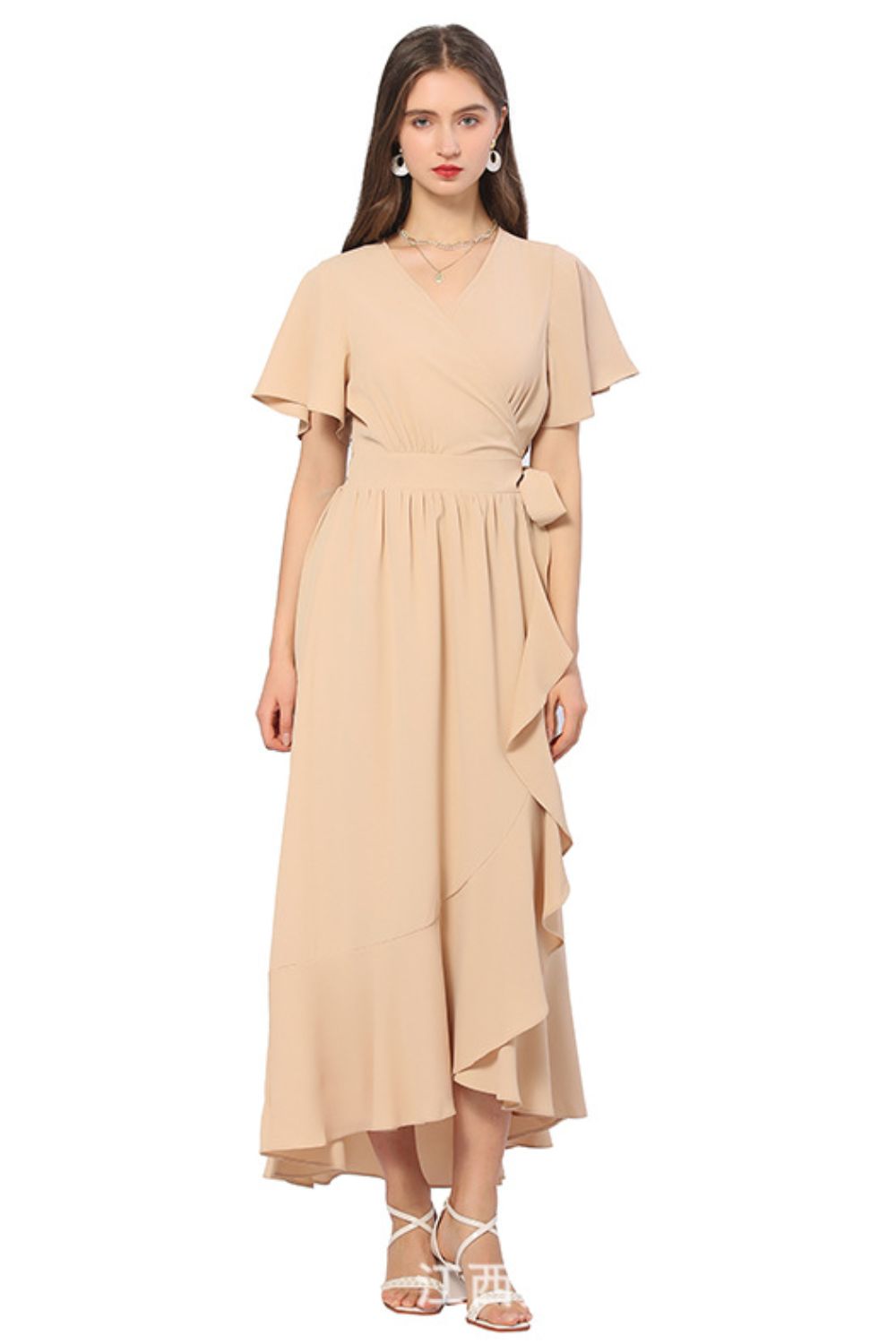 Ruffled Flutter Sleeve Tied Surplice Dress