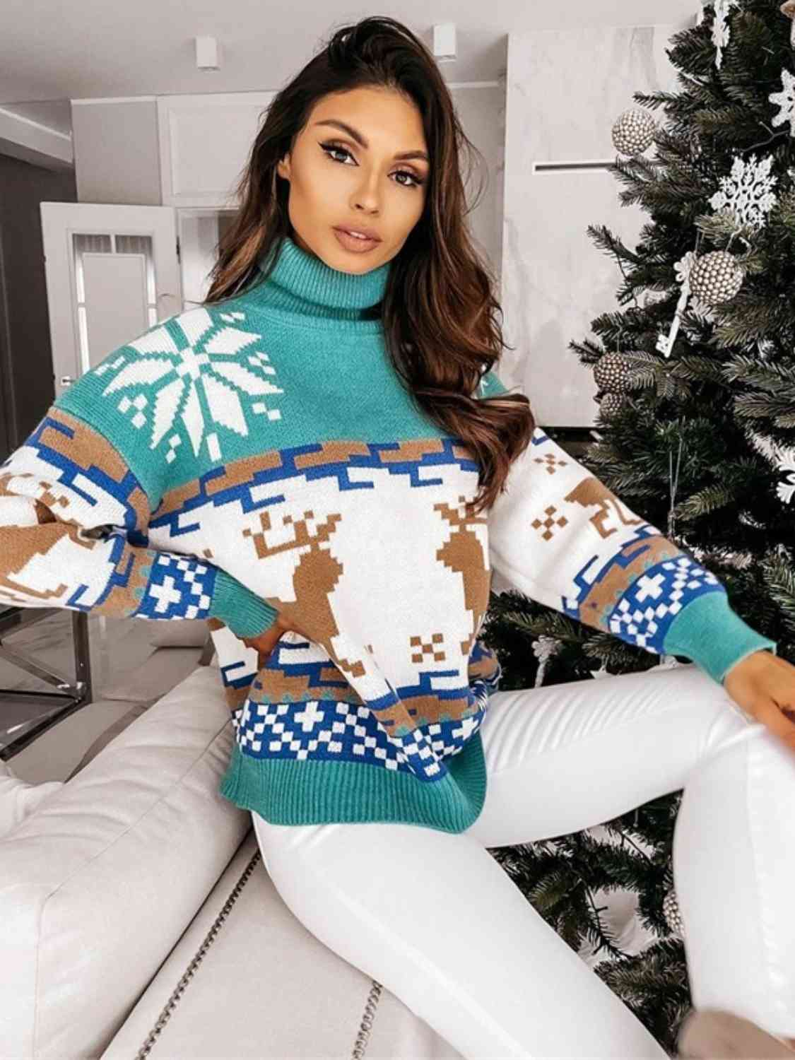 Reindeer Turtleneck Drop Shoulder Sweater