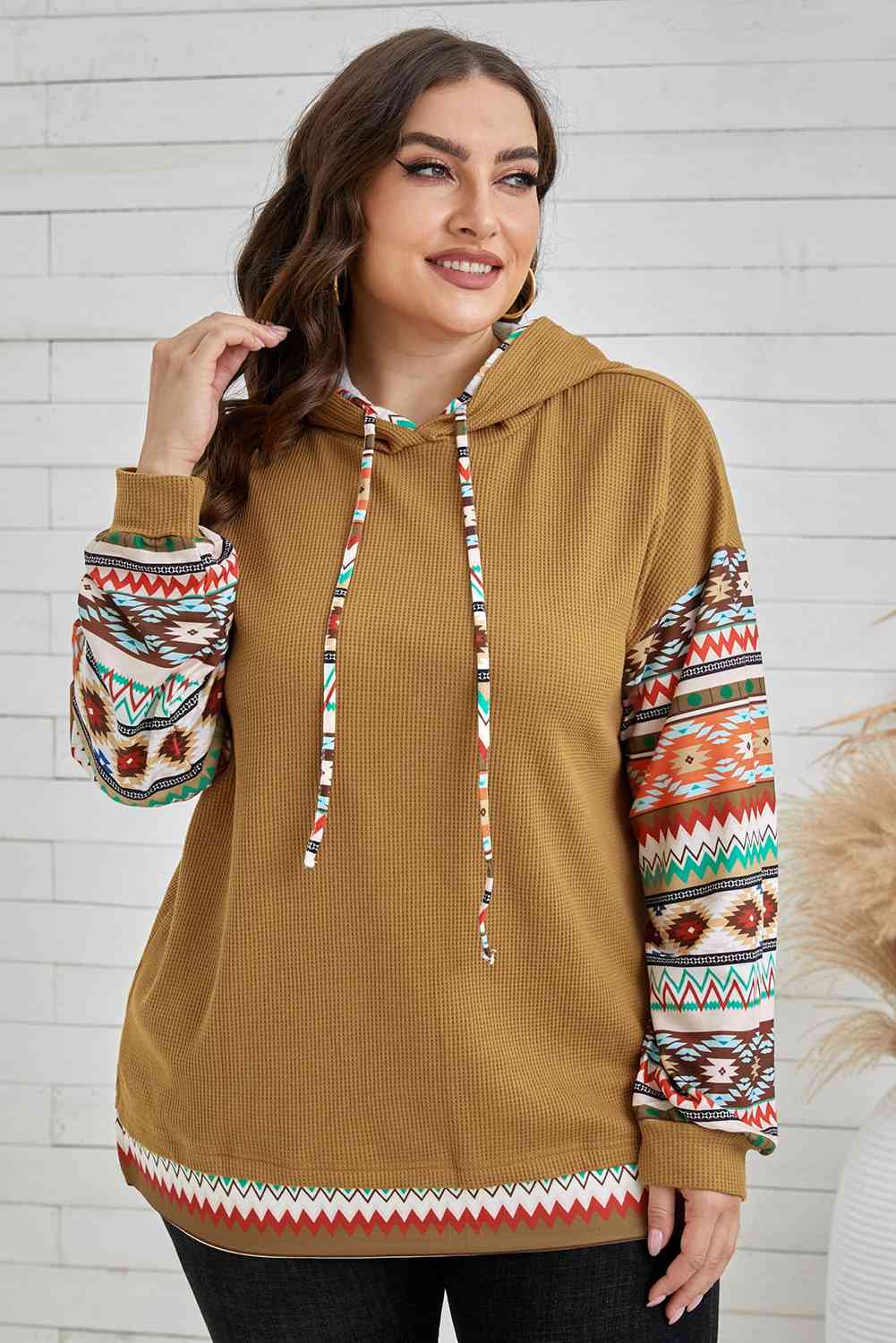 Plus Size Printed Side Slit Waffle-Knit Hoodie