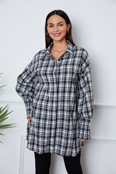 Plaid Button Up Lantern Sleeve Shirt