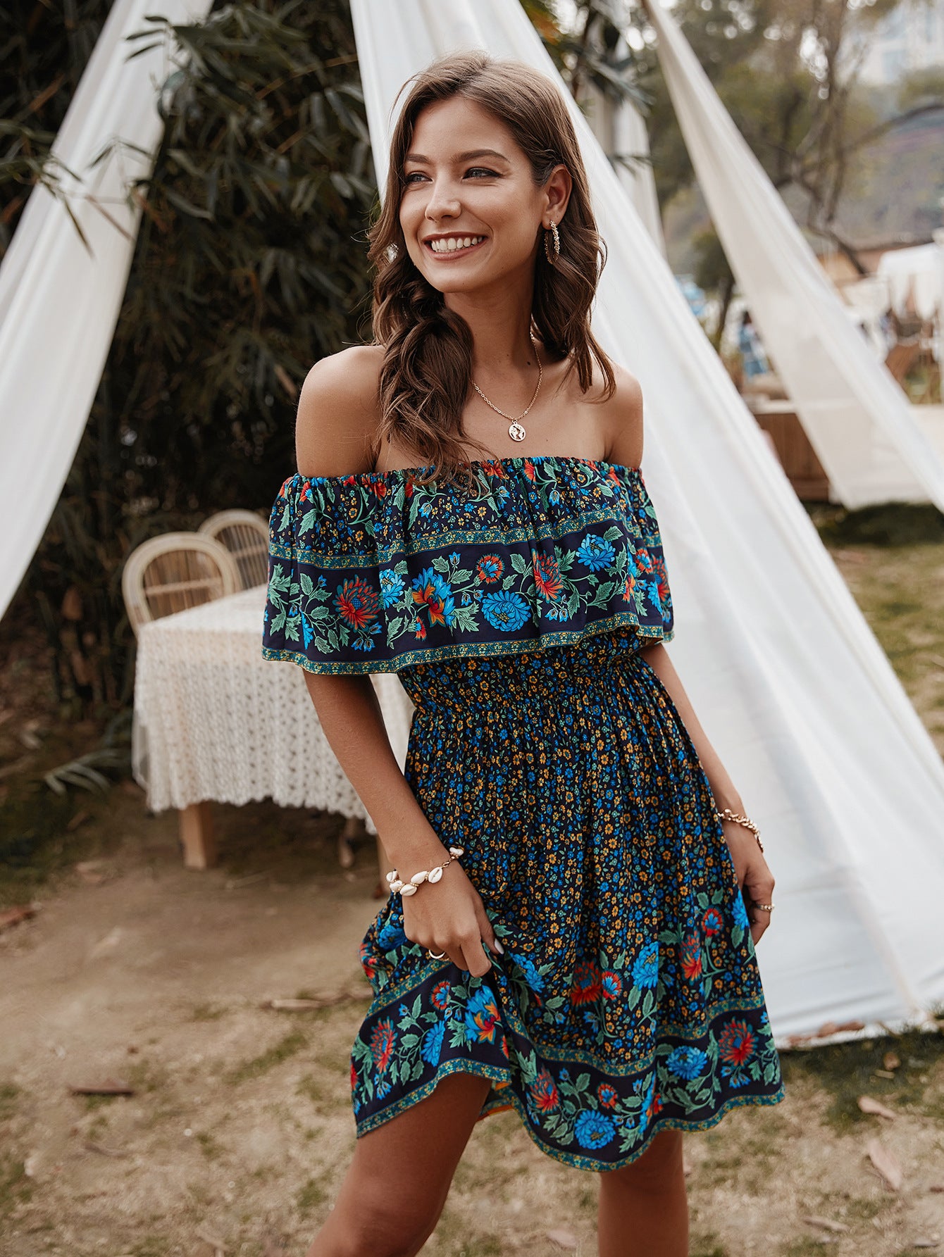 Bohemian Print Off-Shoulder Strapless Knee Length Dress