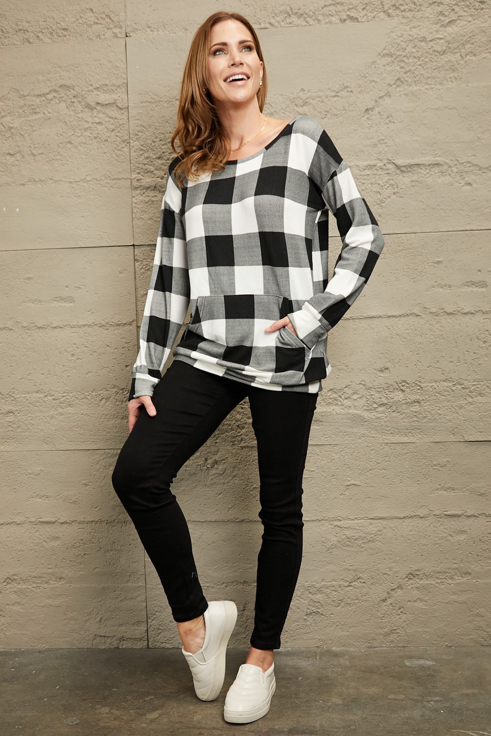 Double Take Plaid Long Sleeve Tunic Sweatshirt