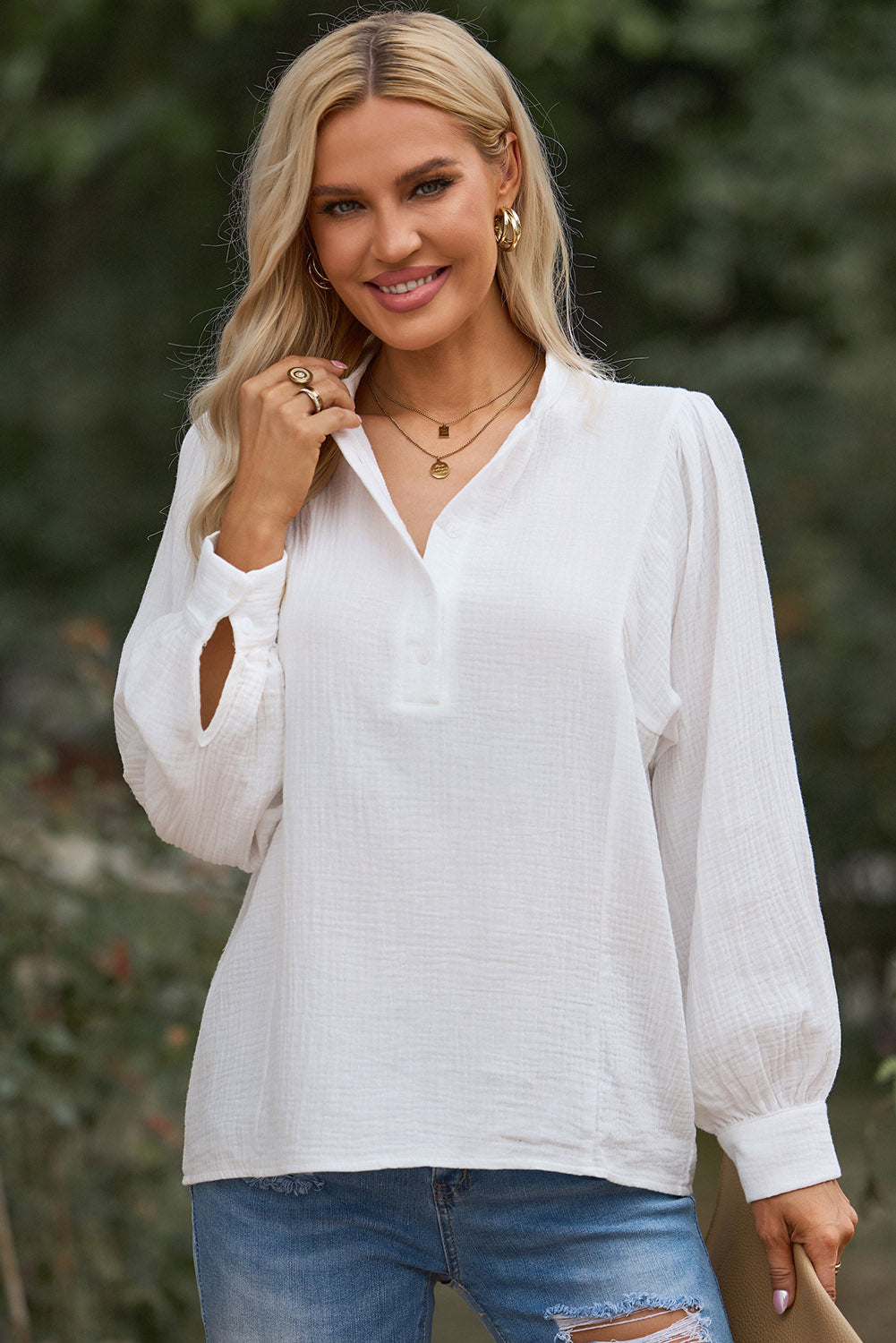 Half Button Puff Sleeve Blouse