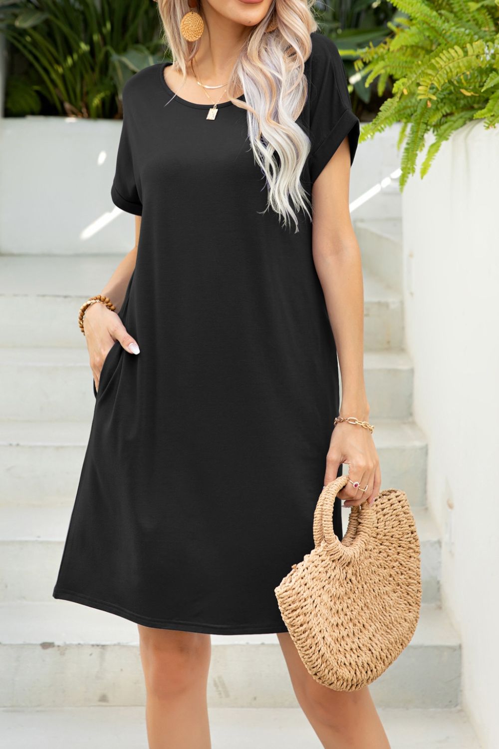 Scoop Neck Short Sleeve Pocket Dress