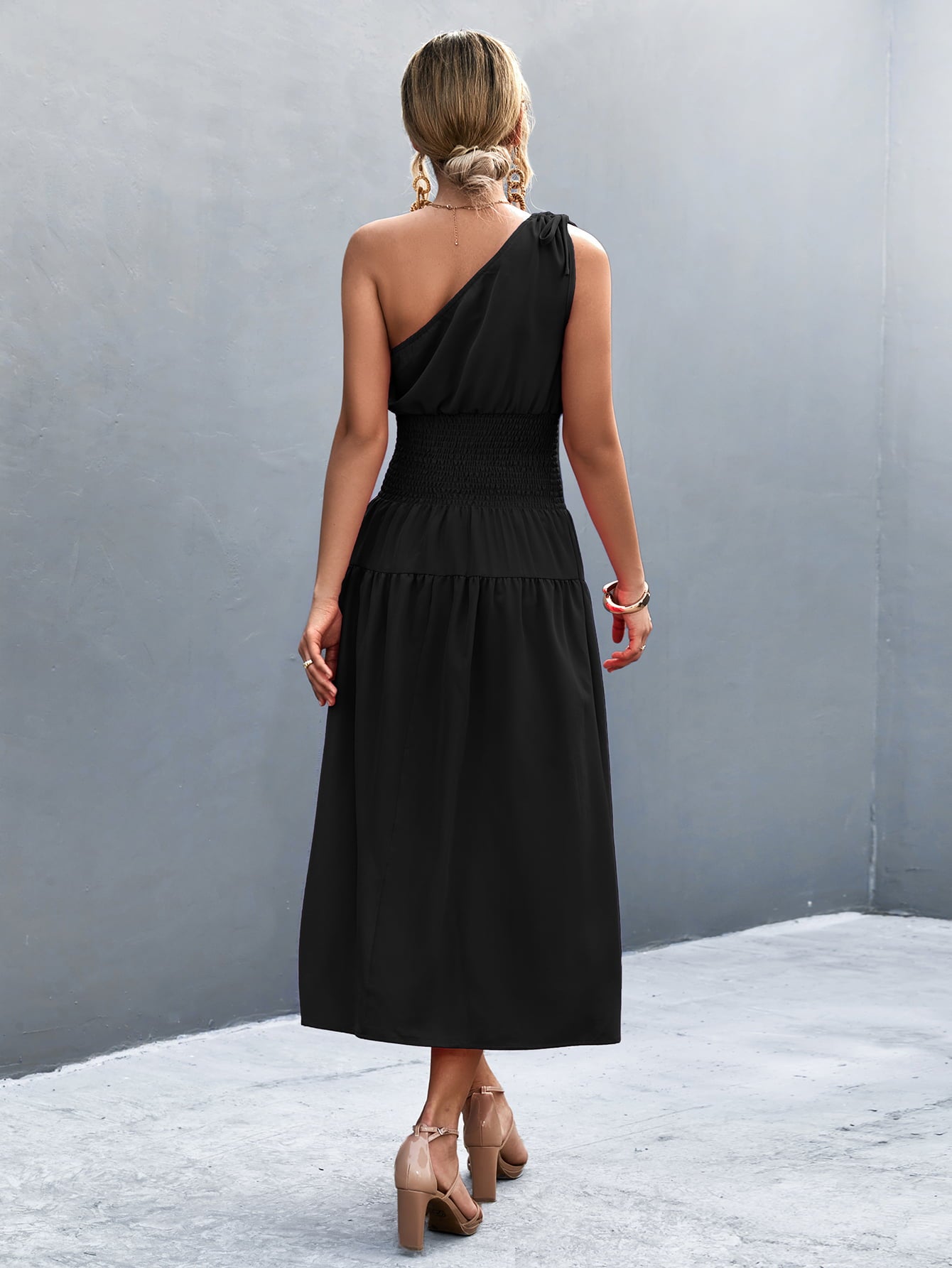 Asymmetrical One Shoulder Smocked Waist Midi Dress