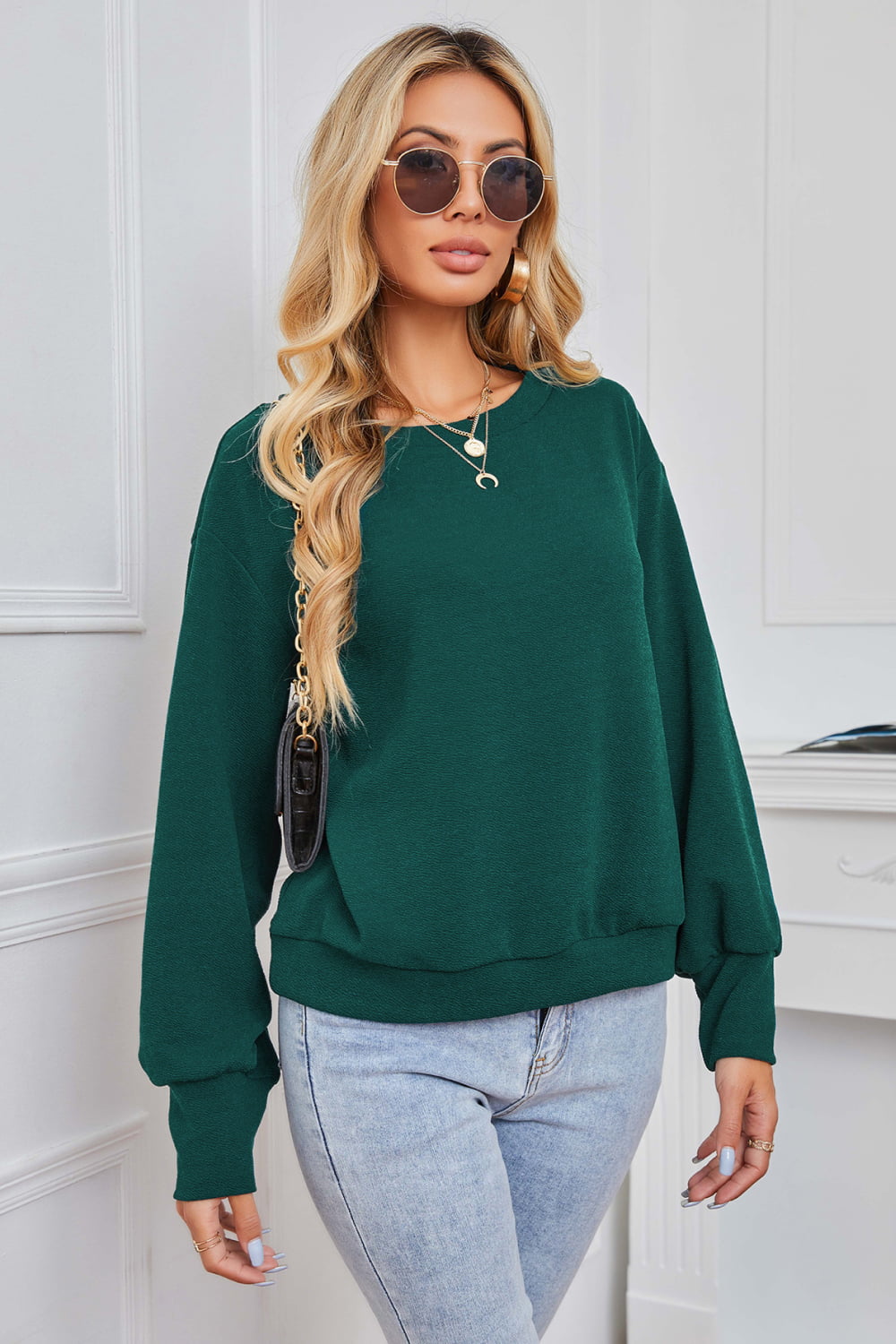 Double Take Round Neck Dropped Shoulder Pullover Sweater