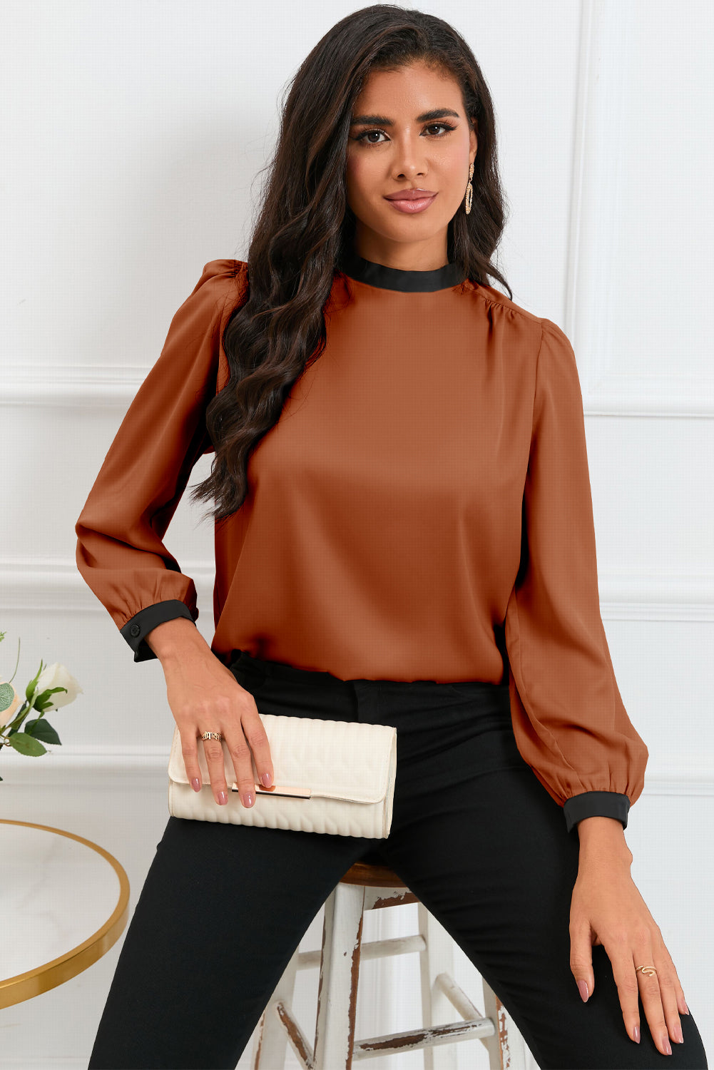 Round Neck Puff Sleeve Back Tie Blouse