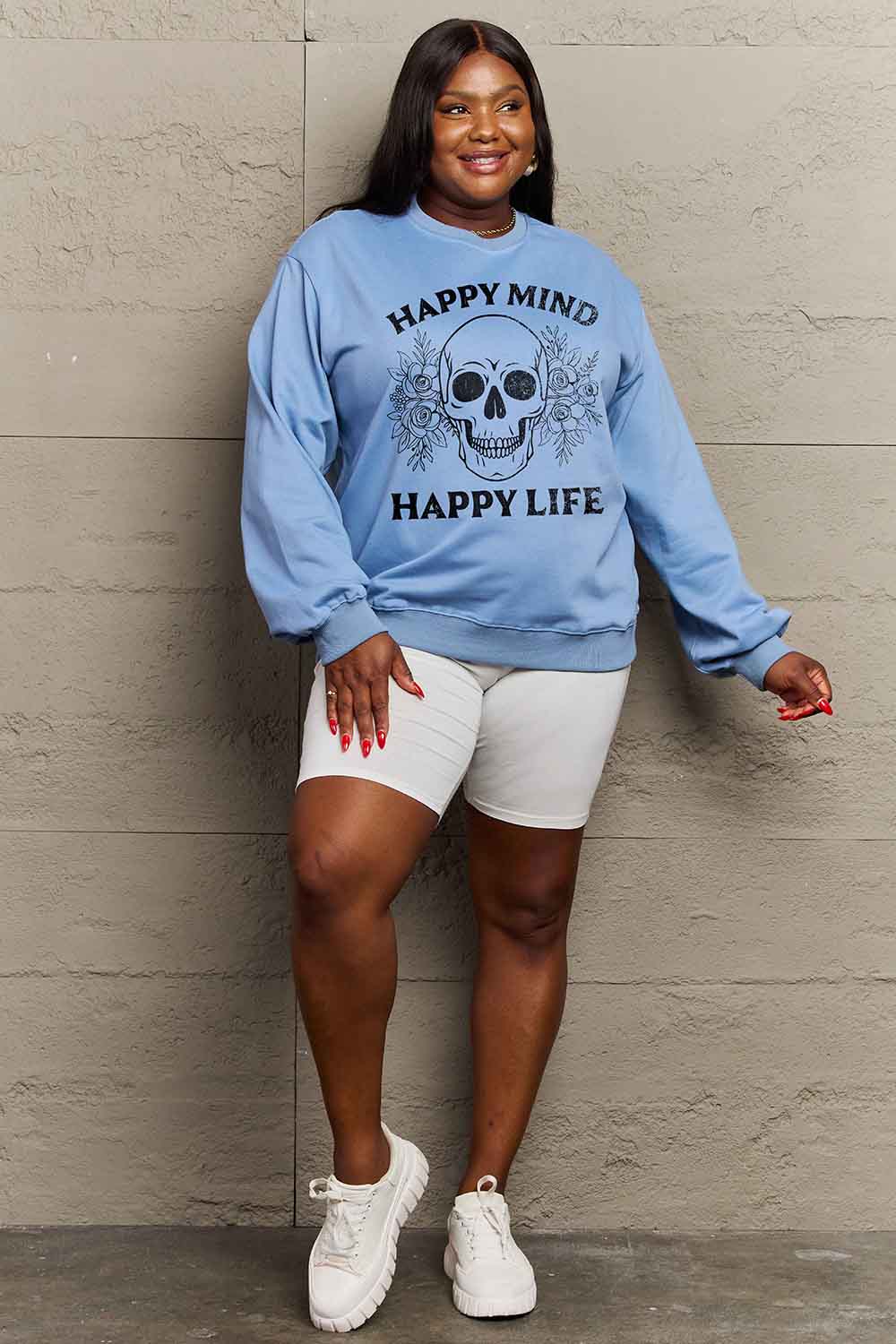 Simply Love Simply Love Full Size HAPPY MIND HAPPY LIFE SKULL Graphic Sweatshirt