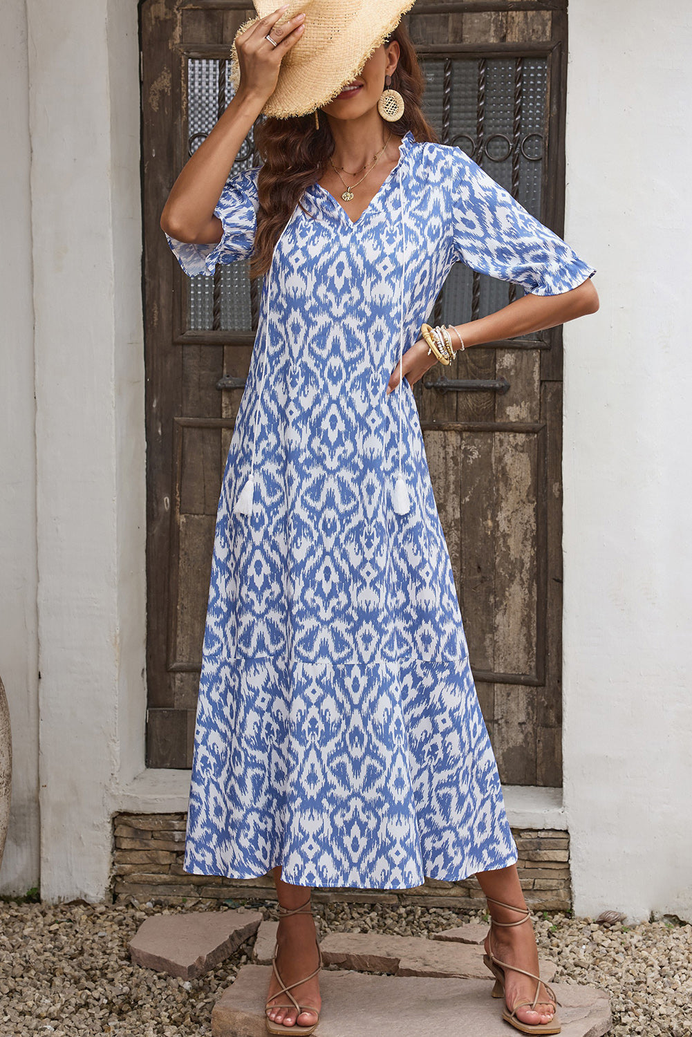 Printed Tassel Tie Flounce Sleeve Dress