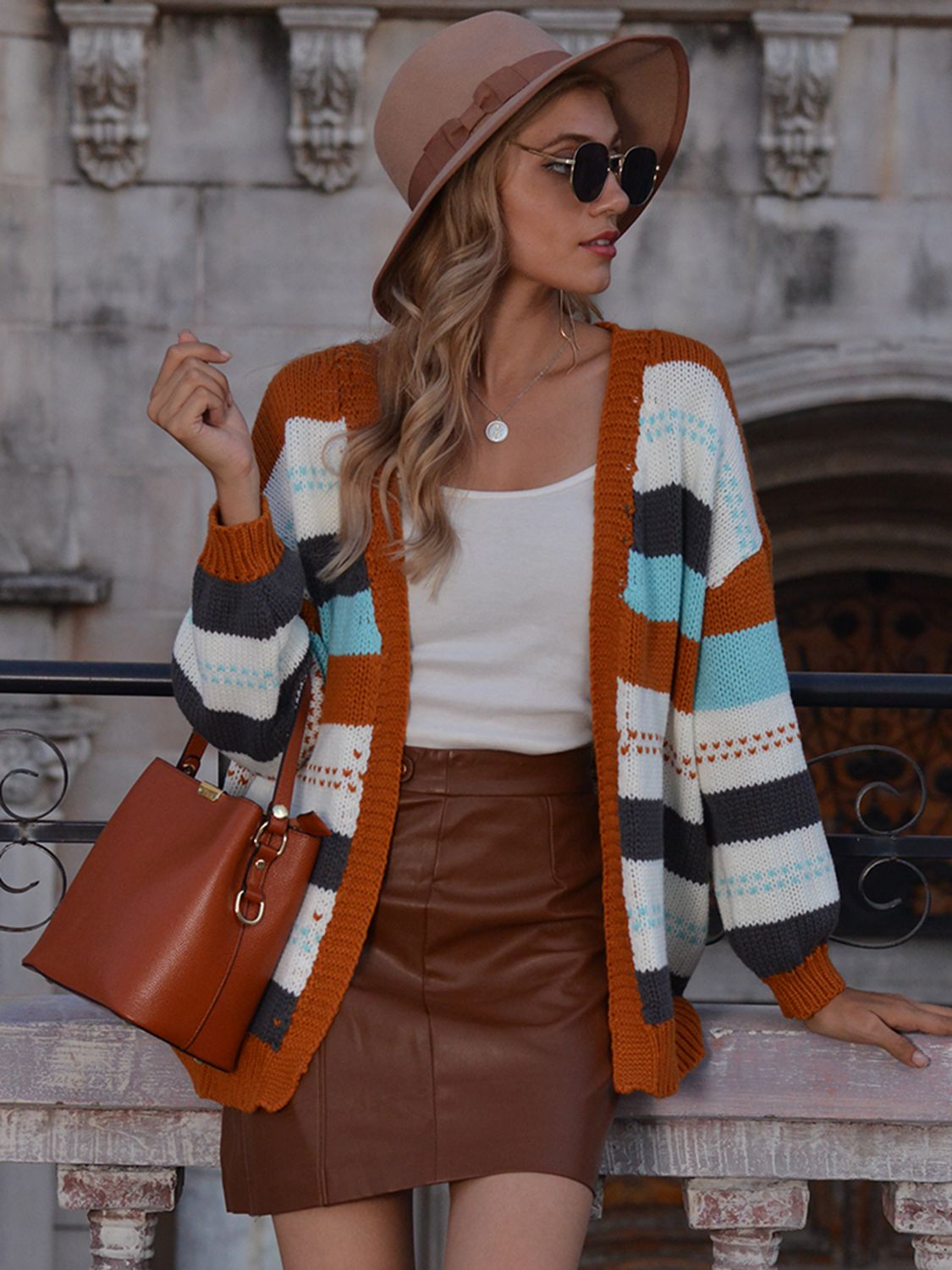 Striped Drop Shoulder Open Front Cardigan