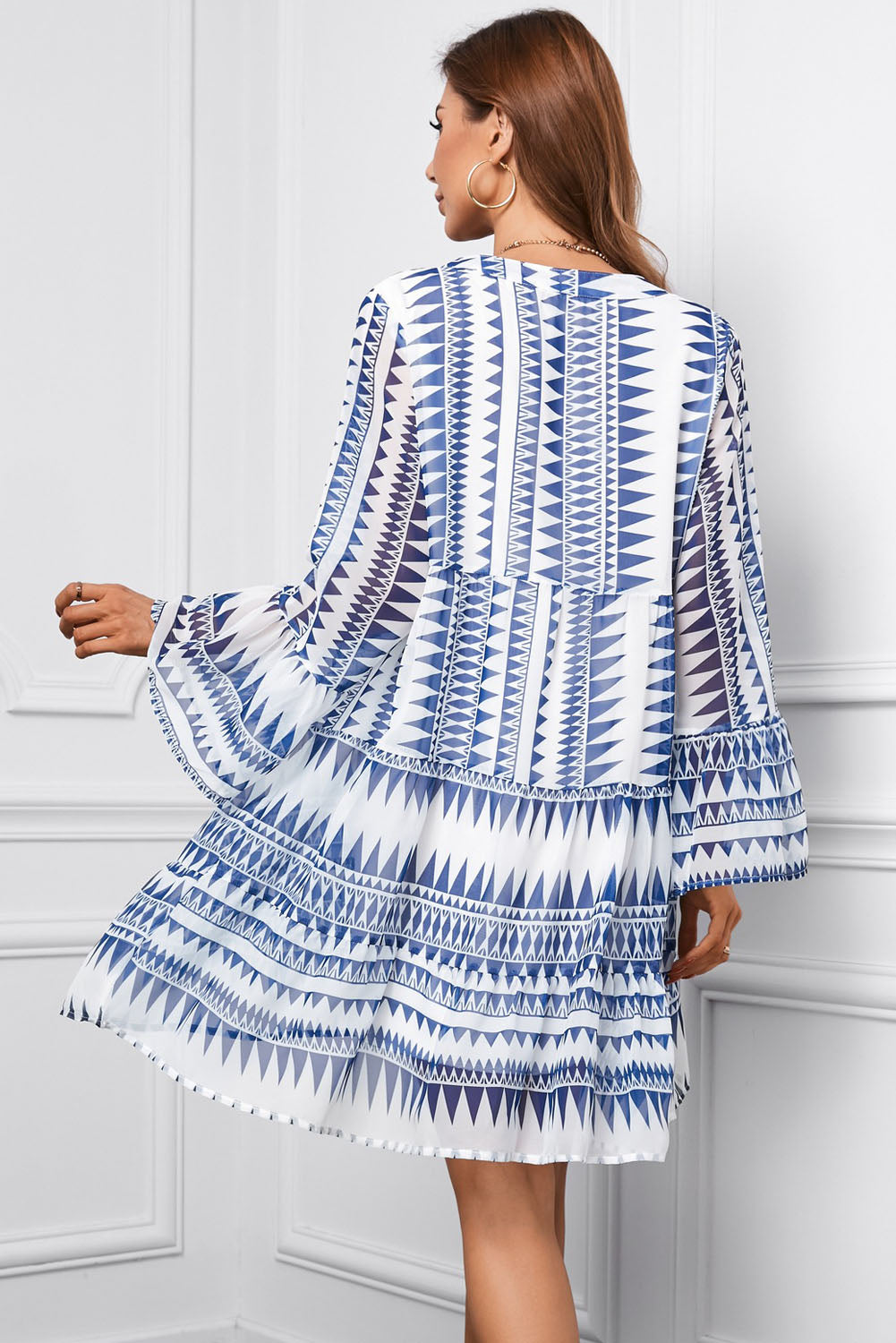 Printed Notched Neck Flare Sleeve Tiered Dress