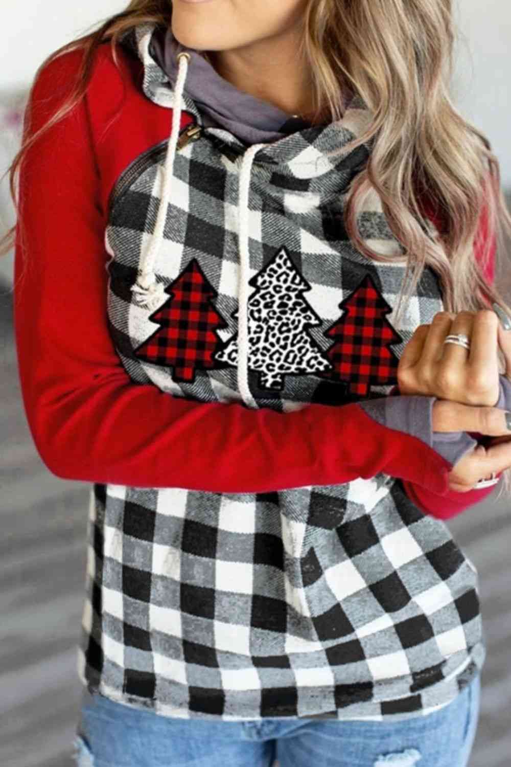 Christmas Tree Graphic Plaid Raglan Sleeve Hoodie