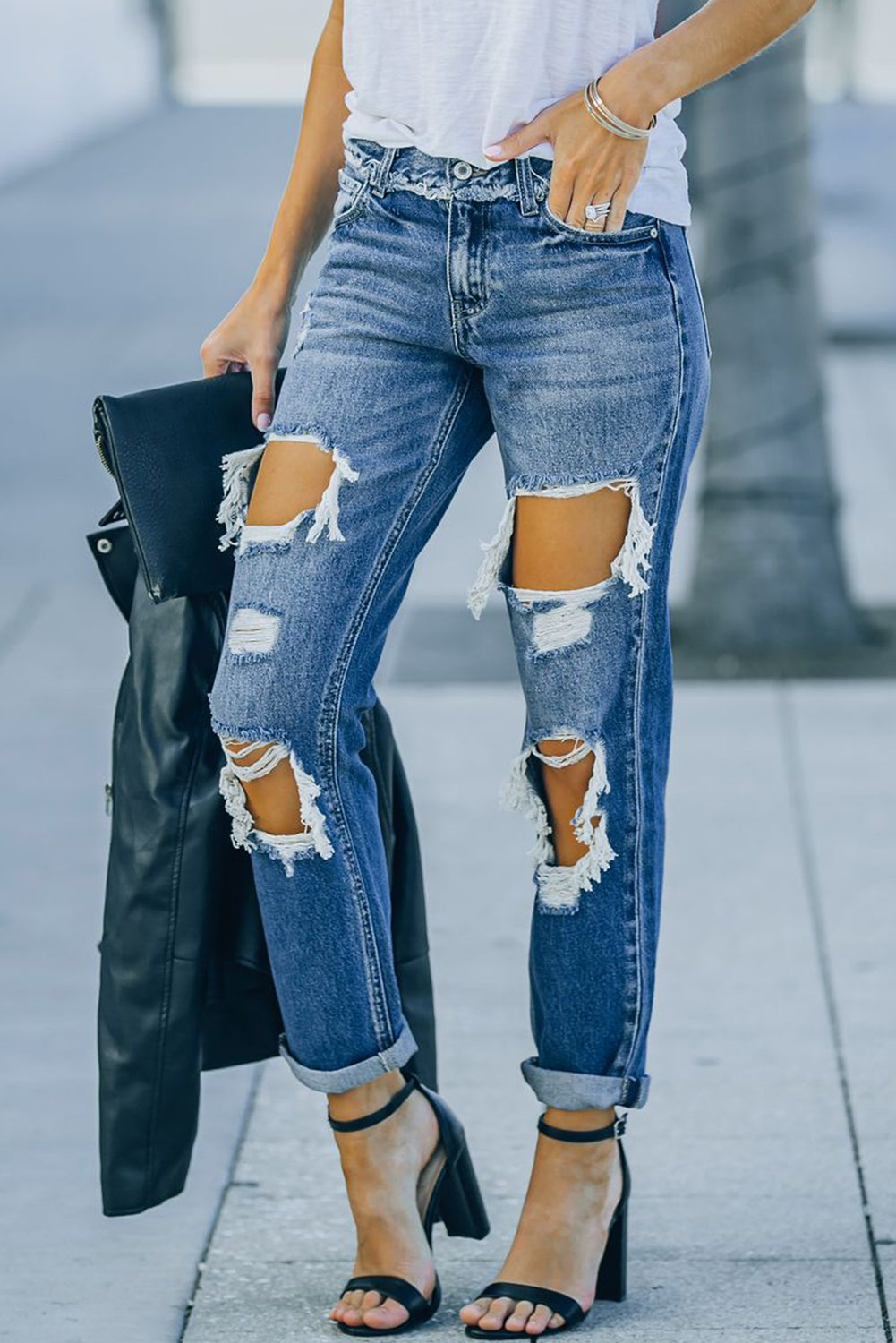 Distressed Frayed Trim Straight Leg Jeans