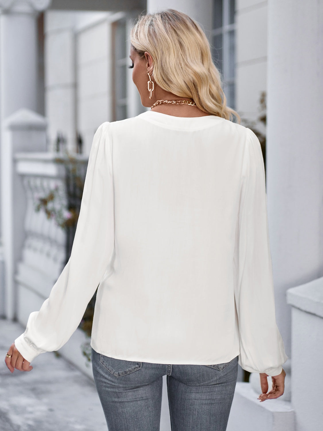 Notched Neck Puff Sleeve Blouse