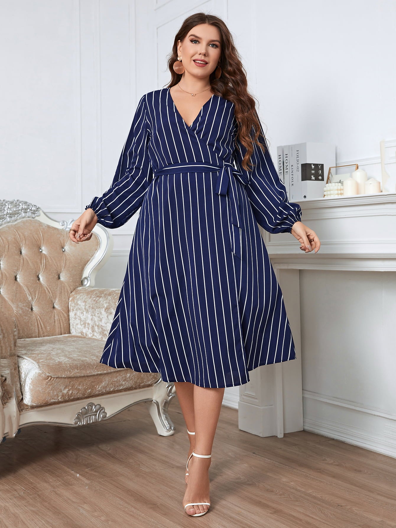 Plus Size Striped Surplice Neck Long Sleeve Dress