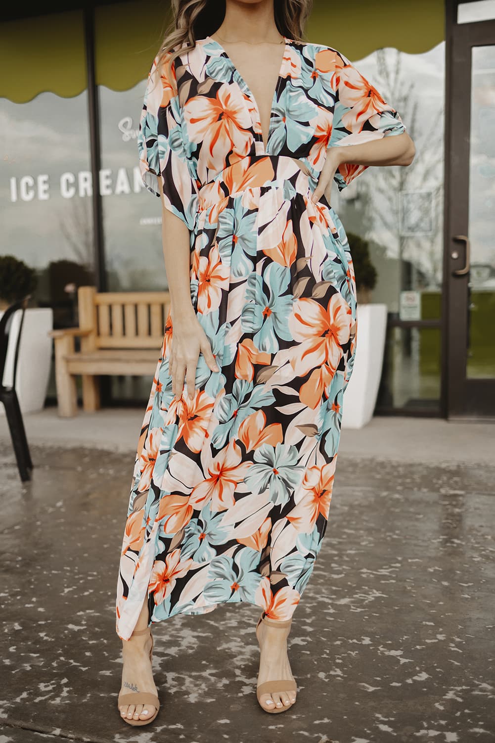 Floral Slit Plunge Short Sleeve Dress