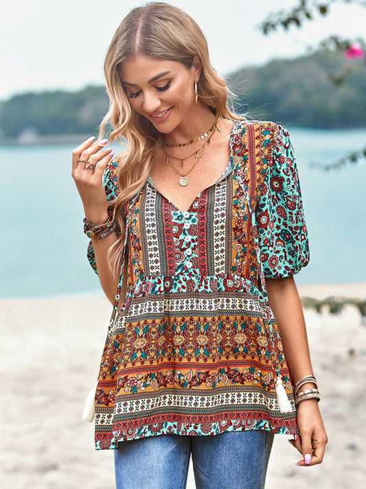 Bohemian Tie Neck Babydoll Blouse