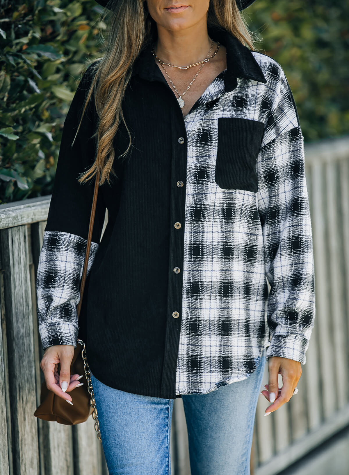 Double Take Plaid Color Block Dropped Shoulder Corduroy Shacket