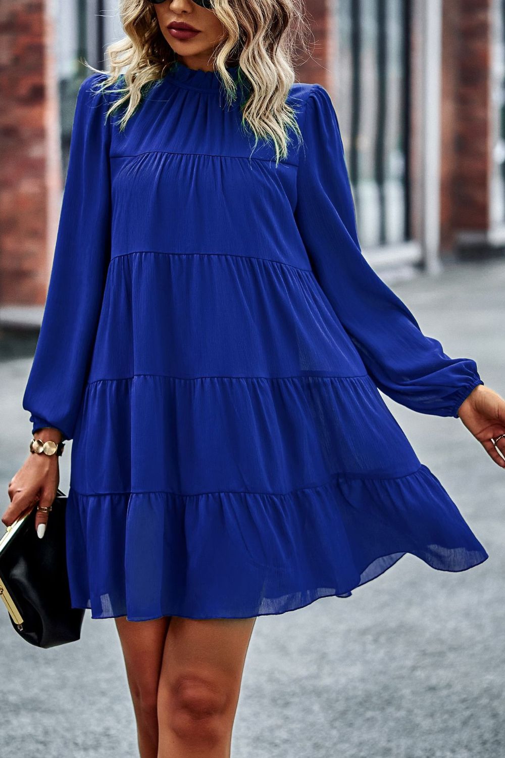 Tied Ruffle Collar Puff Sleeve Mini Dress