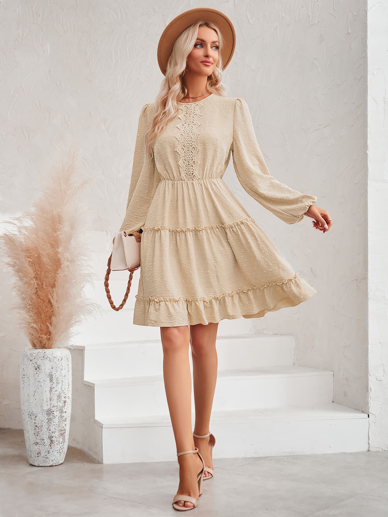 Swiss Dot Lace Trim Balloon Sleeve Dress