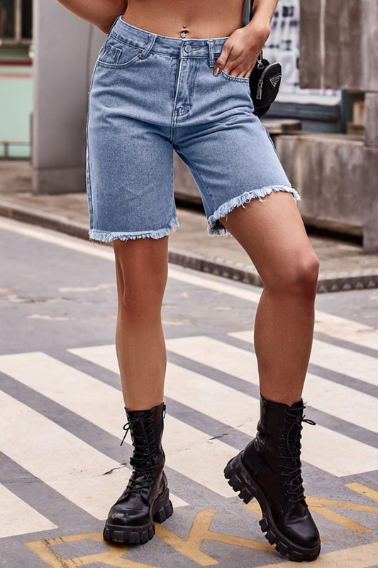 Raw Hem Denim Shorts with Pockets