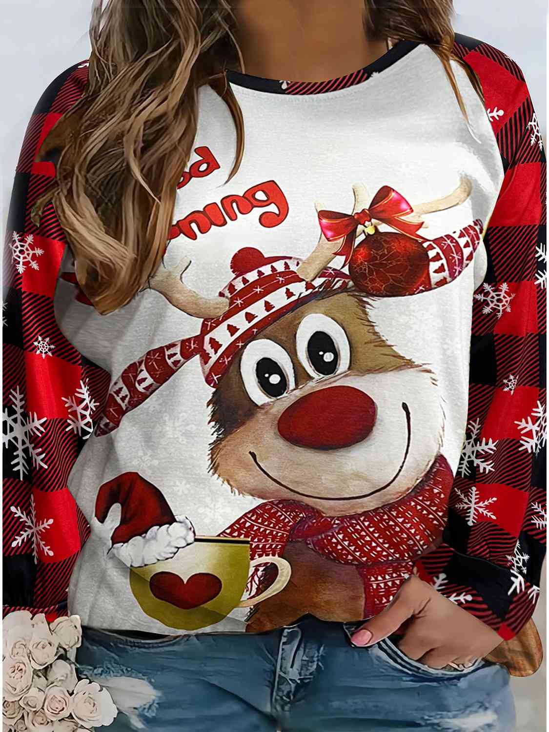 Plus Size Reindeer Graphic Plaid Long Sleeve T-Shirt