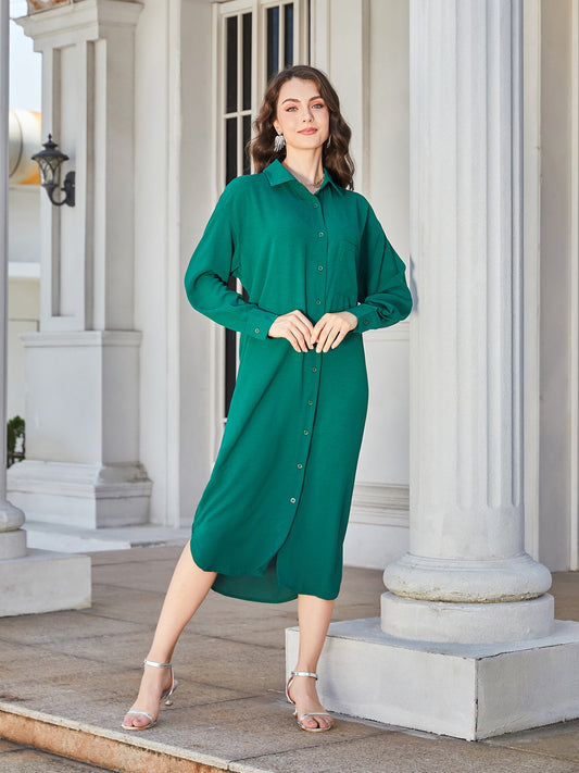 Collared Neck Long Sleeve Midi Shirt Dress