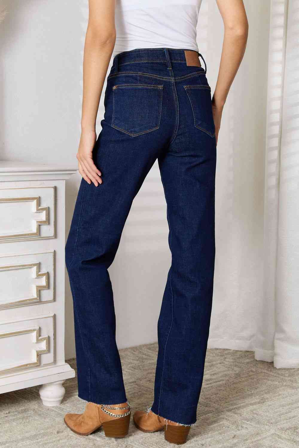 Judy Blue Full Size Raw Hem Straight Leg Jeans with Pockets The Teresa