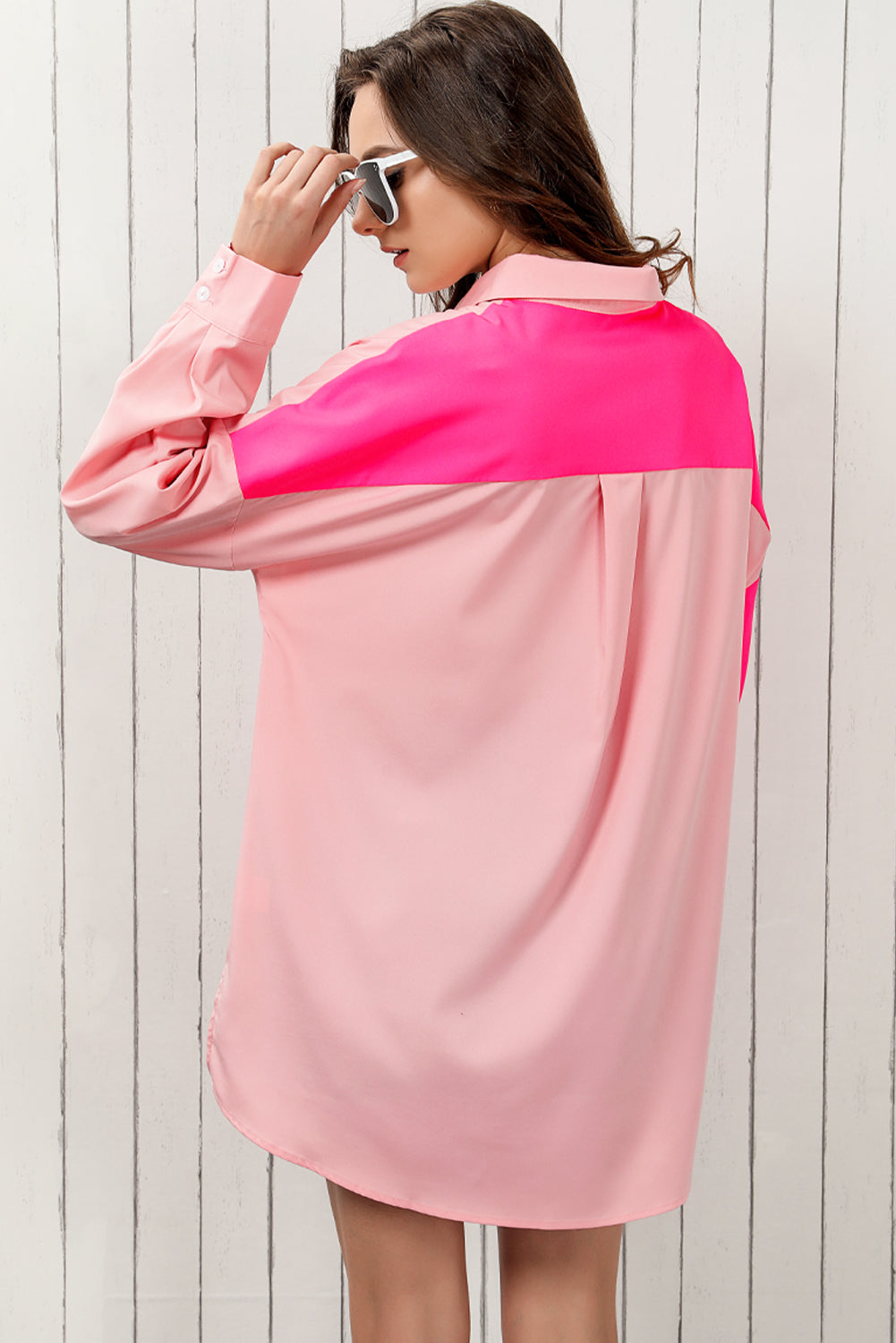 Double Take Color Block Collared Longline Shirt