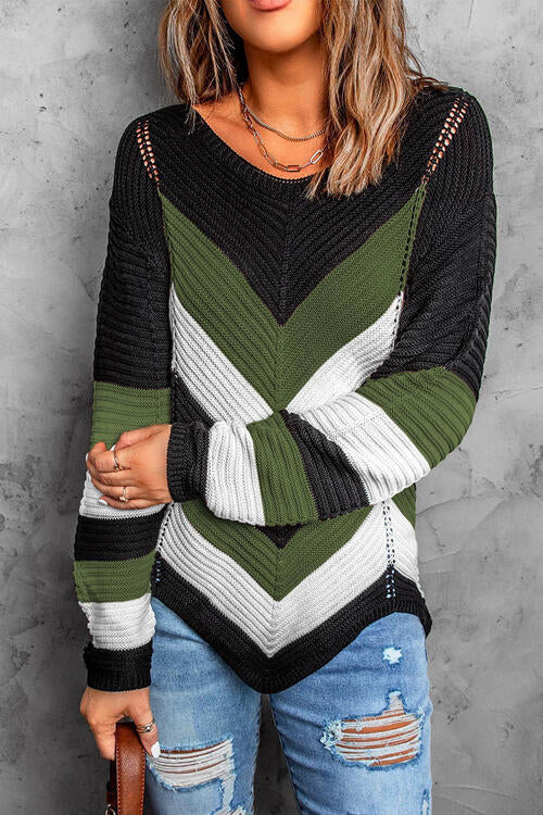 Eyelet Color Block Long Sleeve Sweater